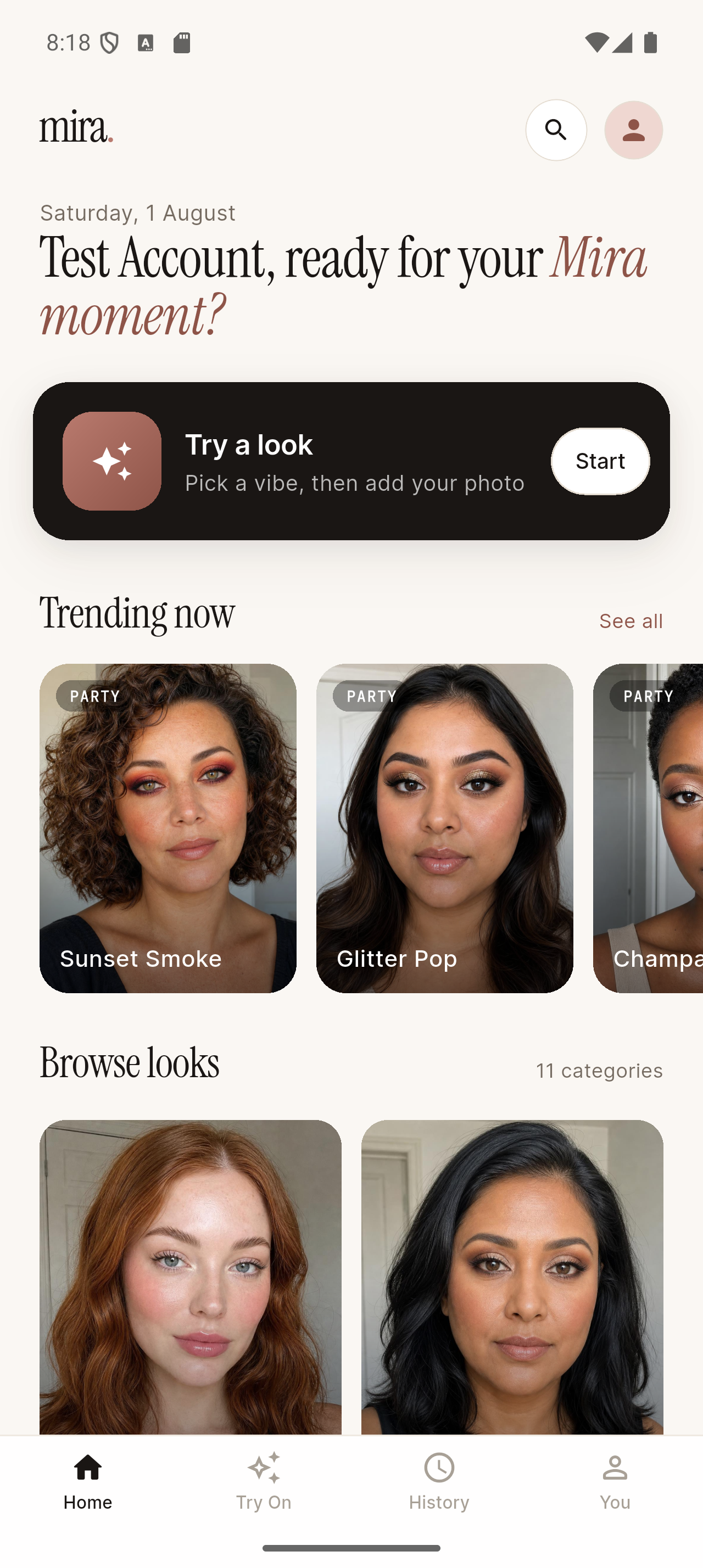 Mira home screen with makeup looks